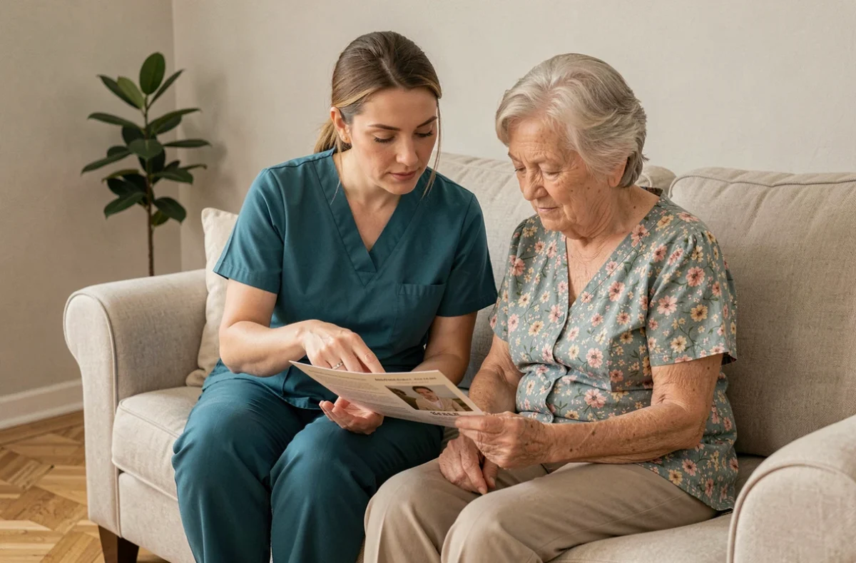 Accompagnatrice professionnelle présentant un service Seniorizon à une personne âgée à domicile