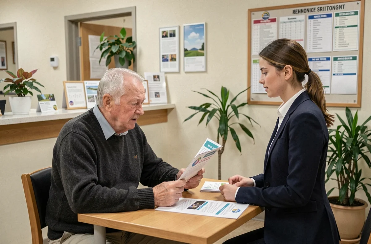 Senior en consultation avec une conseillère à l'accueil d'une résidence pour personnes âgées dans l'Ain