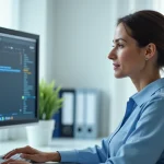 Administratrice de santé consultant un logiciel sécurisé de gestion des données patients dans un bureau médical