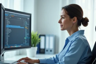 Administratrice de santé consultant un logiciel sécurisé de gestion des données patients dans un bureau médical