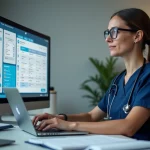 Administratrice de soins utilisant un logiciel de gestion sur ordinateur dans un bureau médical