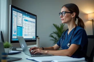 Administratrice de soins utilisant un logiciel de gestion sur ordinateur dans un bureau médical