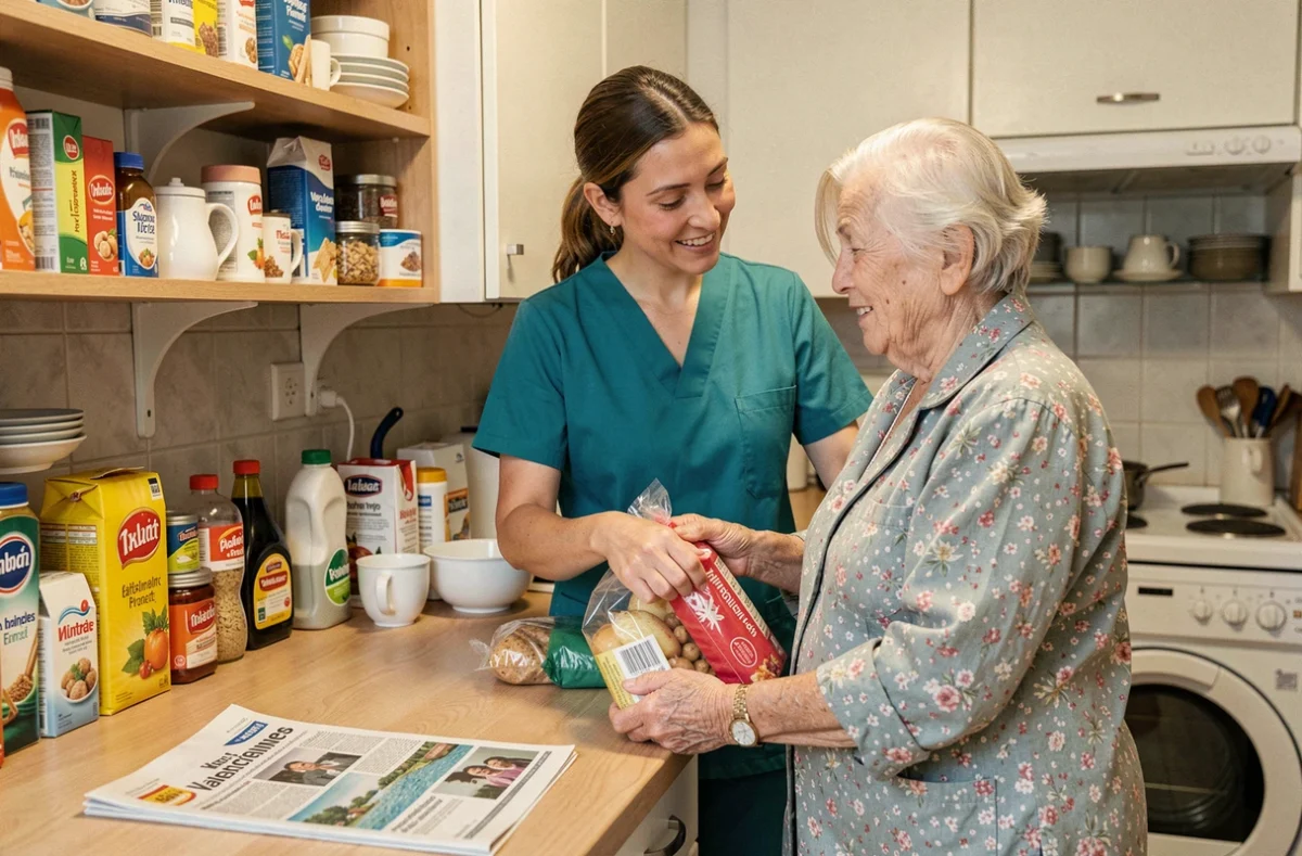 Une assistante d'Aide au Quotidien à Valenciennes aidant une dame âgée à ranger ses courses dans une petite cuisine bien rangée