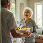 Femme agee recevant un repas a domicile avec un aidant