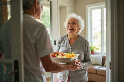 Femme agee recevant un repas a domicile avec un aidant
