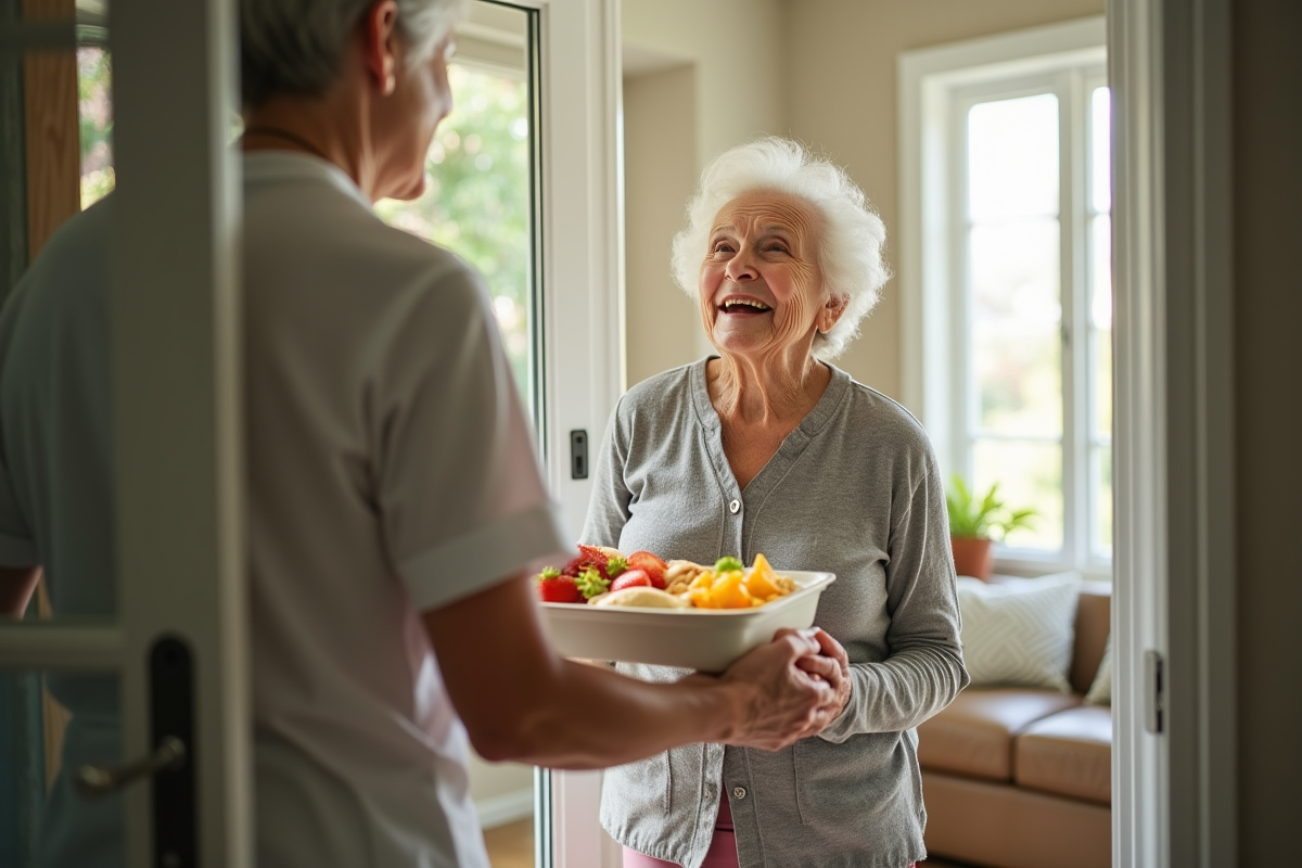 Femme agee recevant un repas a domicile avec un aidant