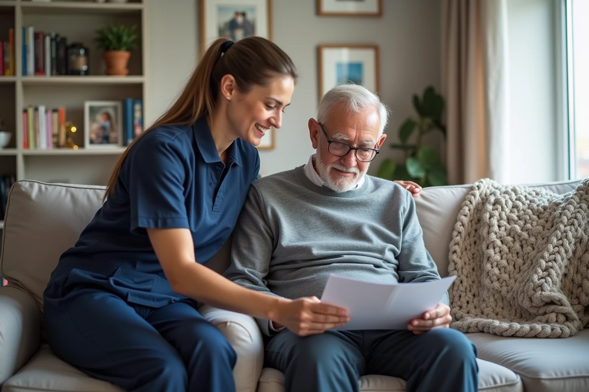 Une aide à domicile Age d'Or Services présente les tarifs à un senior chez lui