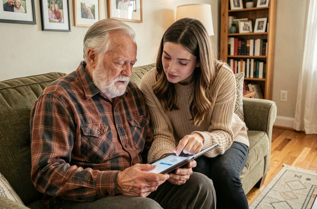 Un homme âgé aidé par une proche pour résoudre un problème de connexion sur Gestea Senior via une tablette
