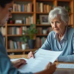 Femme âgée avec assistante sociale dans un appartement chaleureux