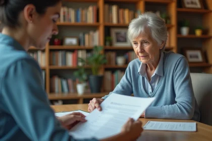 Femme âgée avec assistante sociale dans un appartement chaleureux