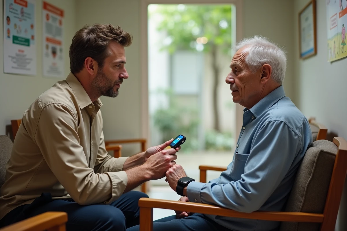 Aide-soignant montrant un détecteur de chute à un senior