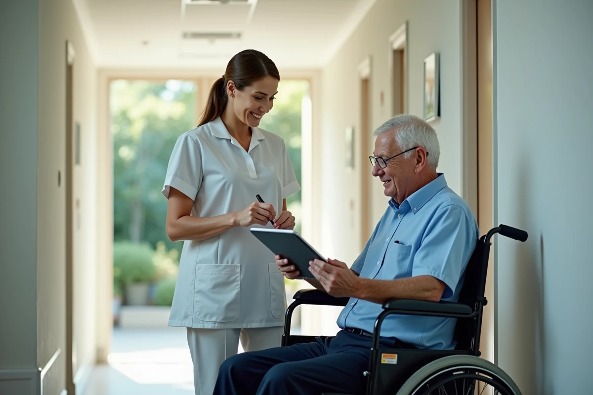 Aide soignant e remplissant un formulaire sur une tablette