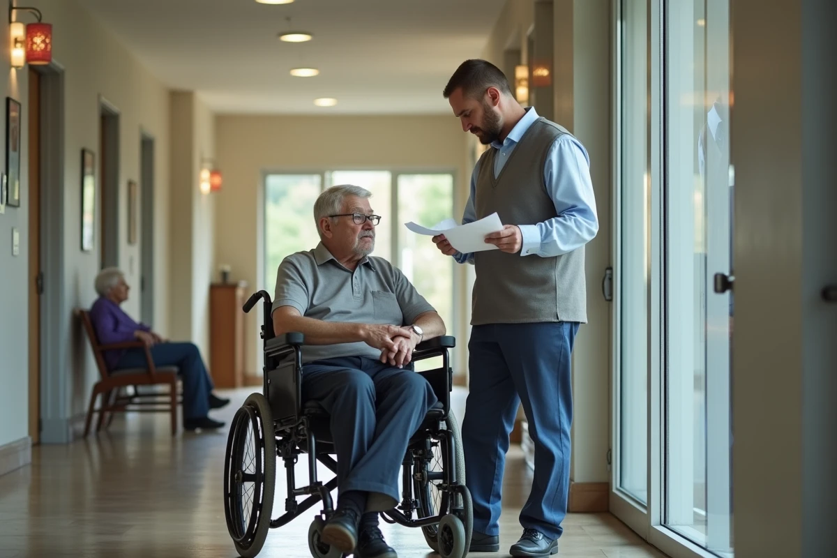 Aide-soignant aidant un résident dans un couloir de maison de retraite