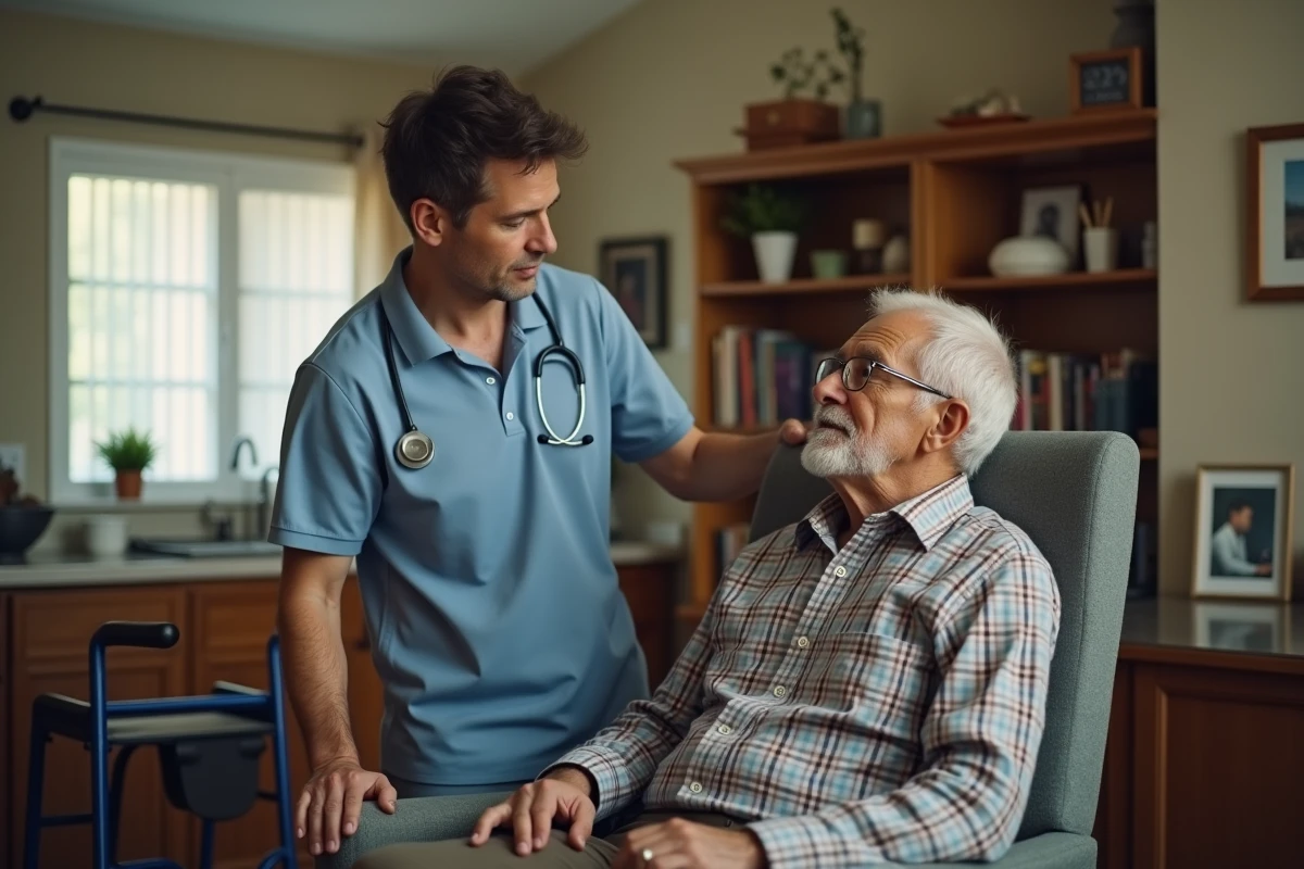 Aide-soignant aidant une personne âgée à se lever