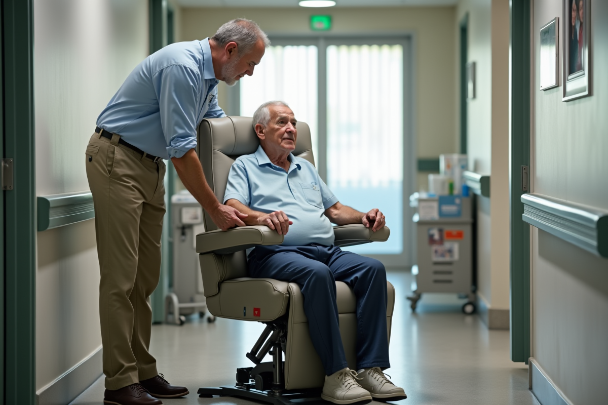 Aide soignant aidant un senior dans un fauteuil de soin