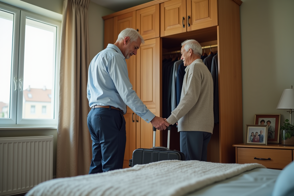 Fils aidant son père à déballer sa valise dans la chambre