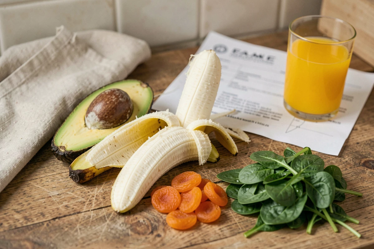 Aliments riches en potassium disposés sur un plan de cuisine pour prévenir la carence en potassium chez la personne âgée