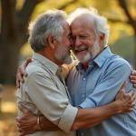 Deux amis de longue date partageant une accolade émouvante pour les 70 ans de l'un d'eux dans un parc automnal