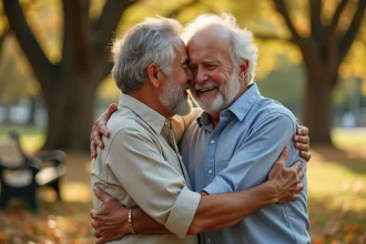 Deux amis de longue date partageant une accolade émouvante pour les 70 ans de l'un d'eux dans un parc automnal
