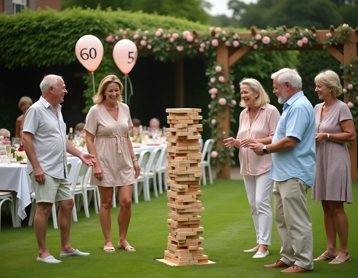 Groupe d'adultes jouant au Jenga géant dans un jardin lors d'une animation anniversaire 60 ans en plein air