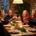 Groupe d'amis adultes fêtant un anniversaire 60 ans autour d'une table décorée avec champagne et gâteau d'anniversaire