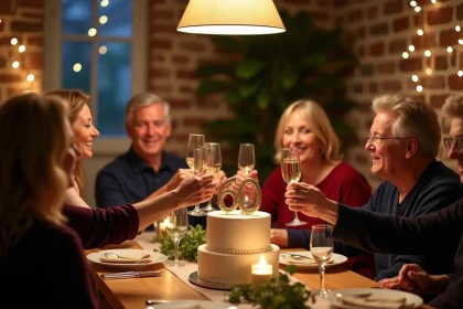 Groupe d'amis adultes fêtant un anniversaire 60 ans autour d'une table décorée avec champagne et gâteau d'anniversaire