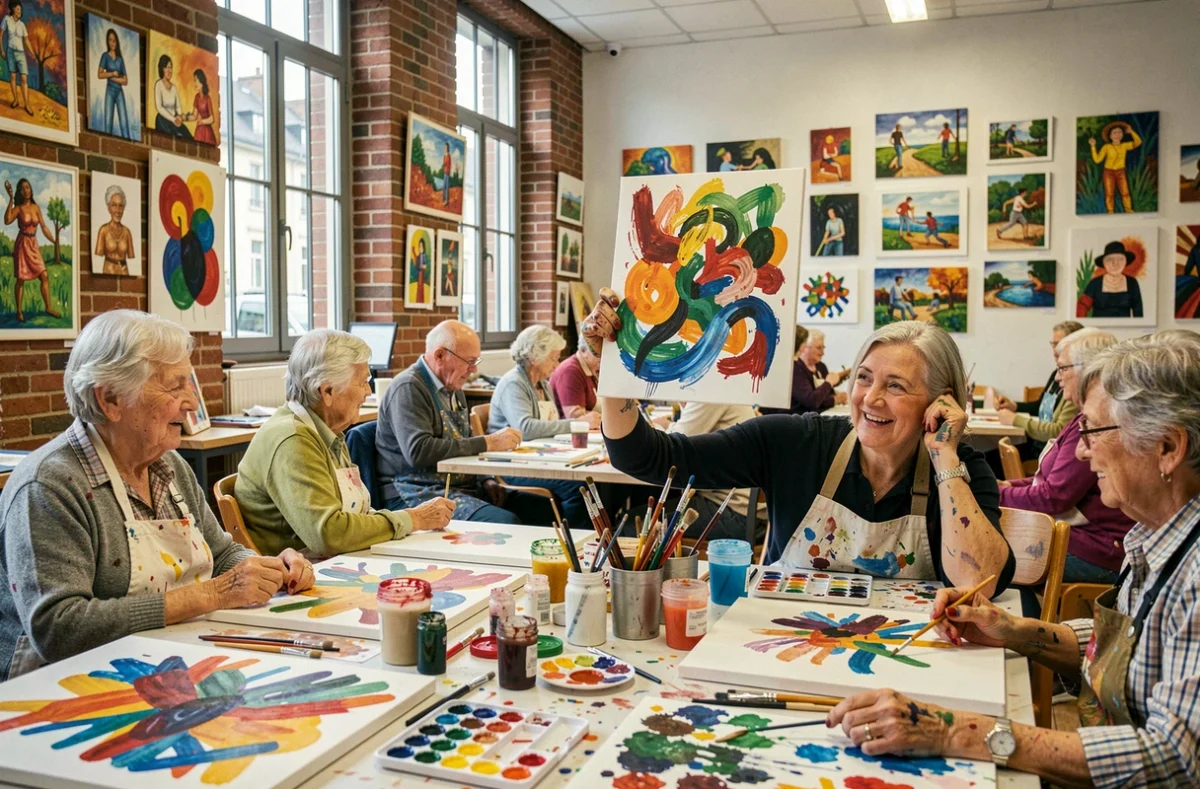 Atelier créatif animé des Artistes de Batignolles avec des résidents peignant et exposant leurs œuvres