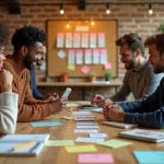 Groupe d'adultes collaborant autour d'une table en bois pour construire un texte collectif avec des fiches de mots et des post-it lors d'un atelier d'écriture en équipe