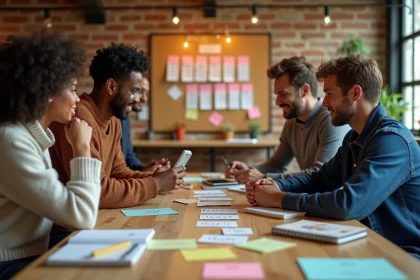 Groupe d'adultes collaborant autour d'une table en bois pour construire un texte collectif avec des fiches de mots et des post-it lors d'un atelier d'écriture en équipe