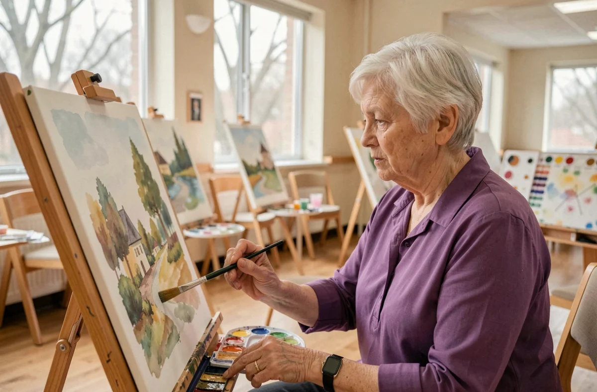Résidente senior peignant à l'aquarelle lors d'un atelier créatif dans une résidence de l'Ain