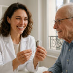 Audiologue souriante montrant un appareil auditif moderne à un homme âgé dans une clinique à Paris