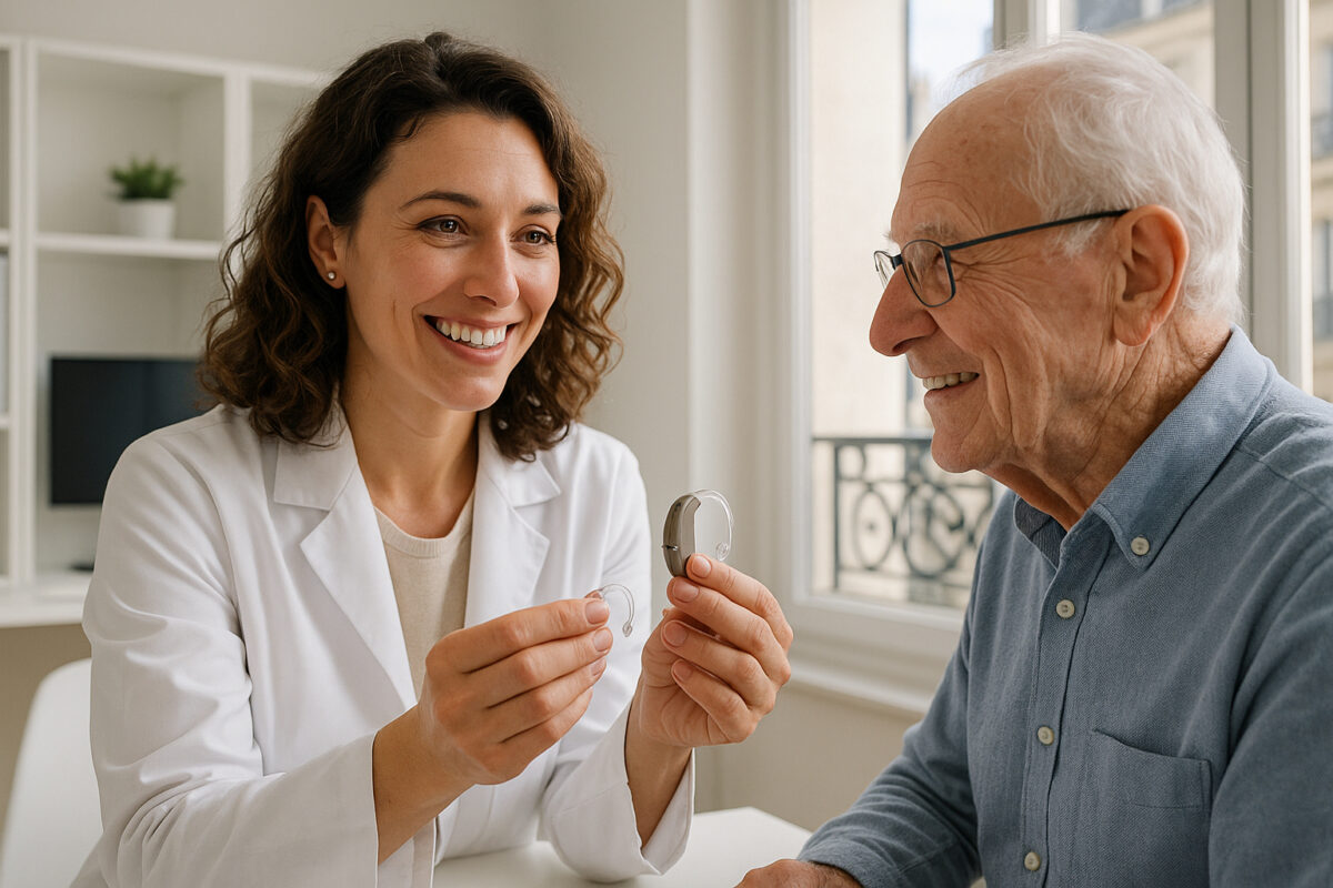 Audiologue souriante montrant un appareil auditif moderne à un homme âgé dans une clinique à Paris