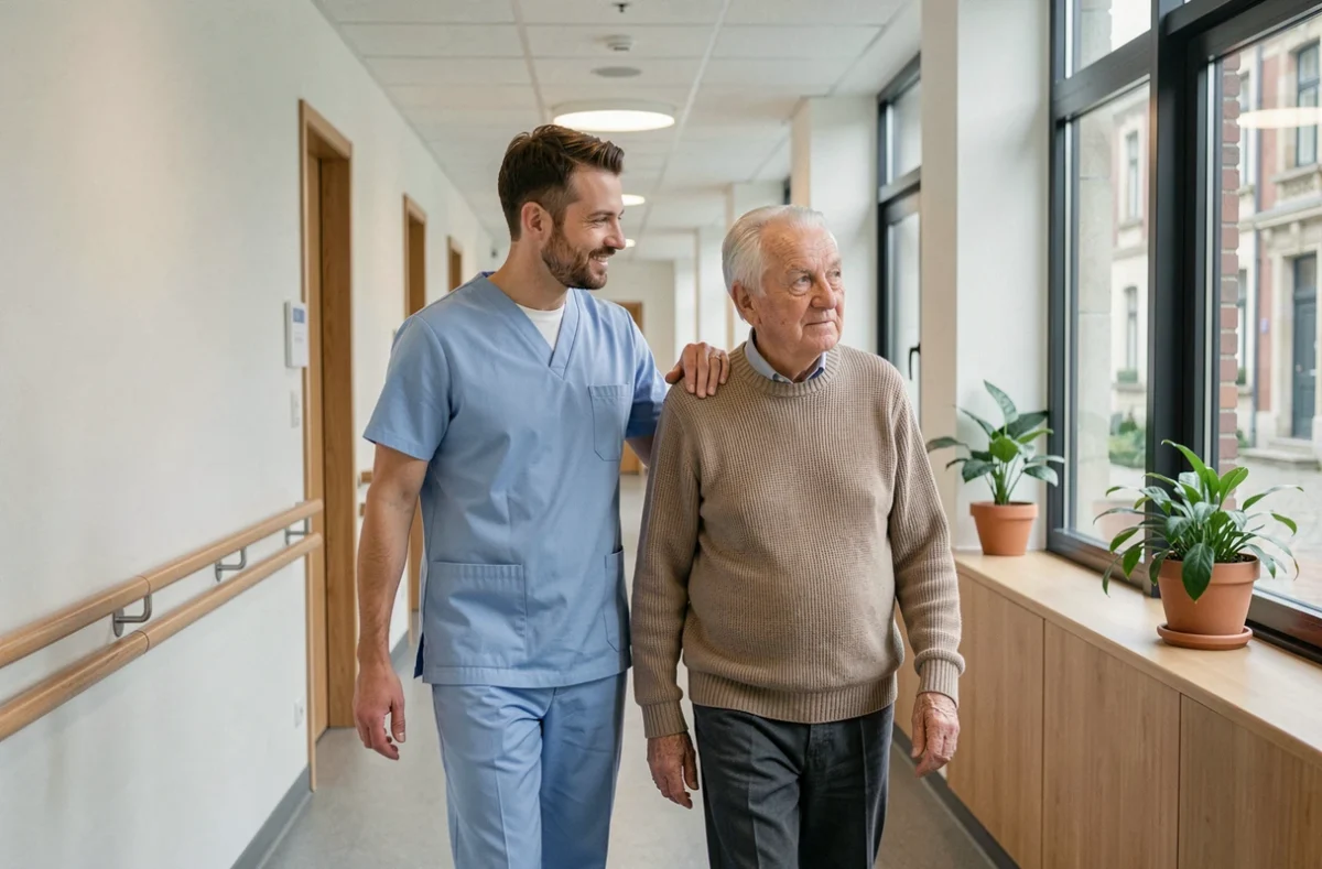 Aide-soignant accompagnant un homme senior dans le couloir d'une résidence services à Lille