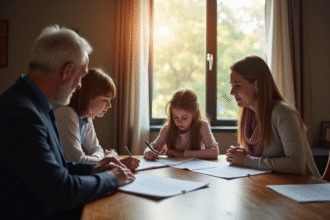 Avocat et famille endeuillée discutant de documents juridiques