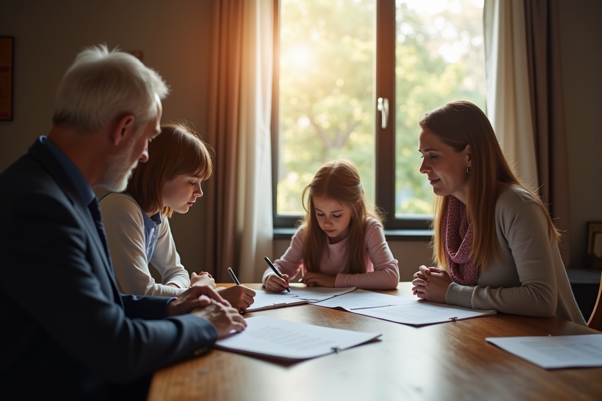 Avocat et famille endeuillée discutant de documents juridiques