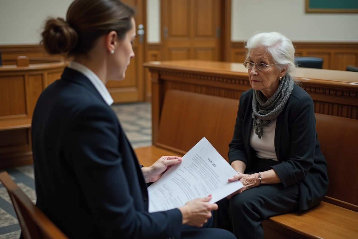 Avocate expliquant des documents à une personne âgée dans un tribunal