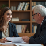 Jeune femme en réunion avec un avocat dans un bureau juridique