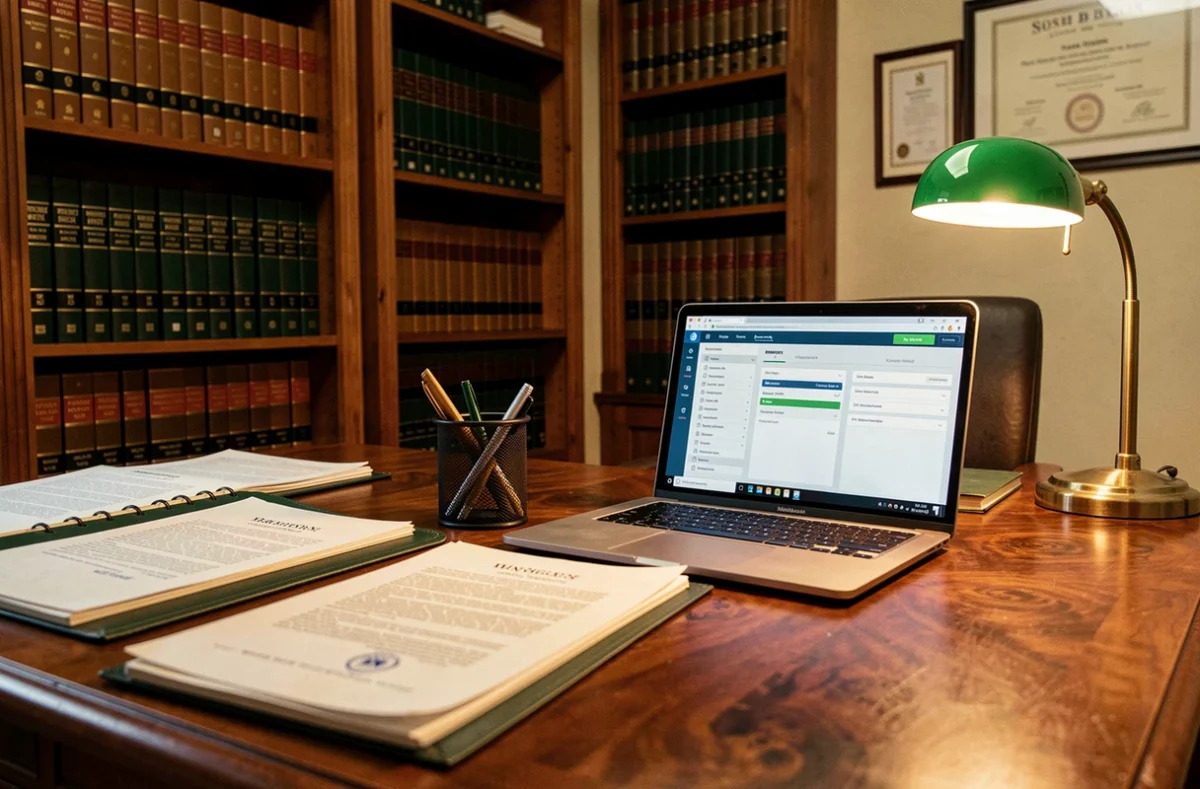 Bureau de notaire avec documents juridiques et portail numérique de gestion de curatelle et tutelle ouvert sur ordinateur