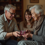 Une femme âgée offre un coffret à des adultes en famille