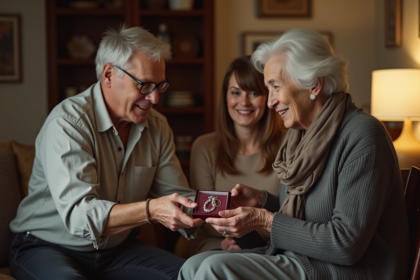 Une femme âgée offre un coffret à des adultes en famille