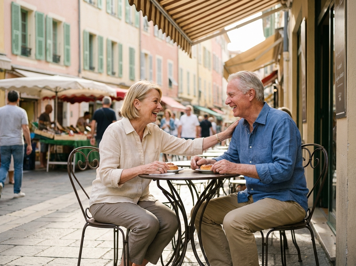 Couple senior dégustant des pâtisseries dans un café niçois