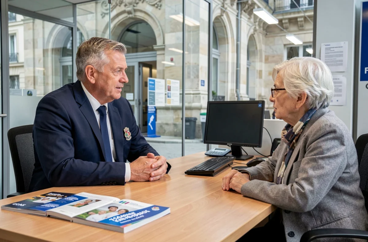 Un travailleur social du Centre Communal d'Action Sociale de Lille en entretien avec une dame âgée dans un bureau municipal