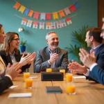 Groupe de collègues de bureau réunis autour d'une table pour fêter le départ en retraite d'un collègue avec musique et rires