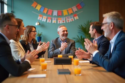 Groupe de collègues de bureau réunis autour d'une table pour fêter le départ en retraite d'un collègue avec musique et rires
