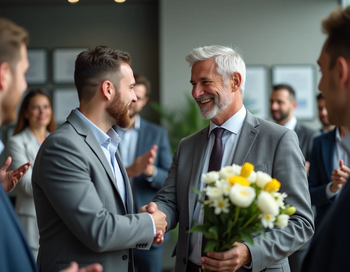 Homme partant à la retraite serrant la main d'un collègue avec des fleurs lors d'une cérémonie de départ en entreprise