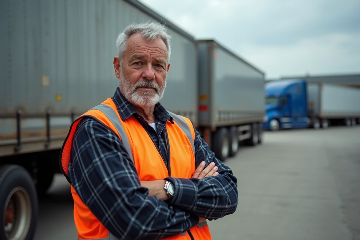 Chauffeur poids lourd en fin de carrière devant son camion dans un entrepôt logistique