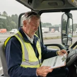 Chauffeur routier expérimenté consultant des documents de retraite dans la cabine de son camion sur une aire d'autoroute française