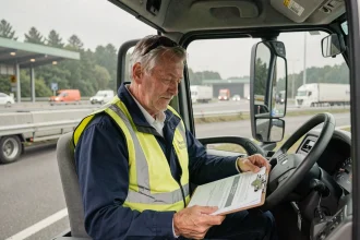 Chauffeur routier expérimenté consultant des documents de retraite dans la cabine de son camion sur une aire d'autoroute française