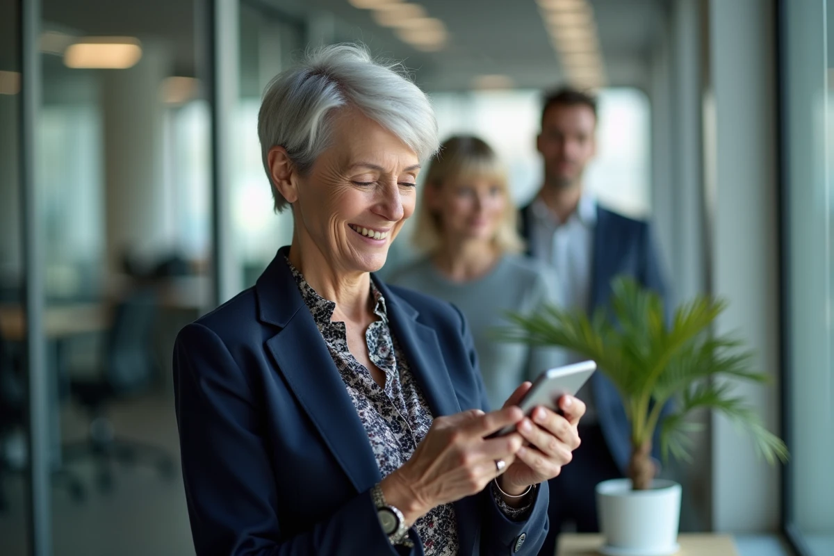 Femme senior consultant une playlist musicale sur smartphone pour organiser une fête de retraite au bureau