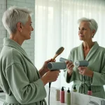 Femme âgée aux cheveux courts argentés se coiffant devant un miroir de salle de bain avec une brosse ronde et un sèche-cheveux